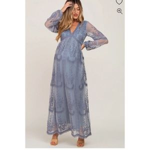 PinkBlush Lace Mesh Overlay Long Sleeve Maternity Maxi Dress